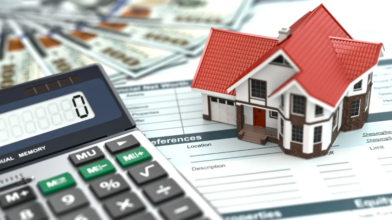 Mortgage calculator for a new roof. House, money and document.