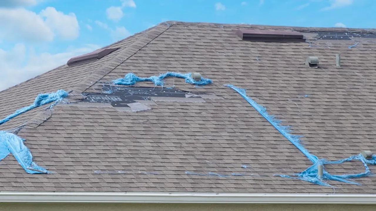 missing shingles and a damaged roof